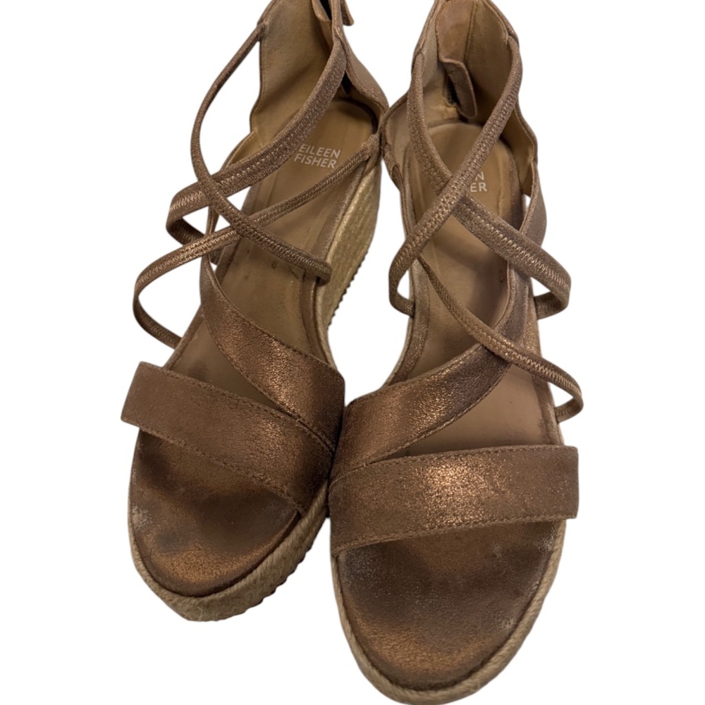 EILEEN FISHER “Wanda” Champagne Metallic Suede Espadrille Size 9 - Picture 3 of 5